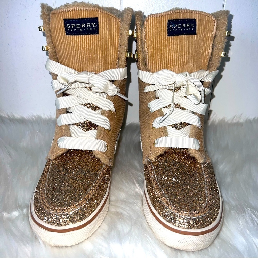 Sprerry Top Sider Acklins Tan Corduroy Gold Glitter Lace Up Boots 7